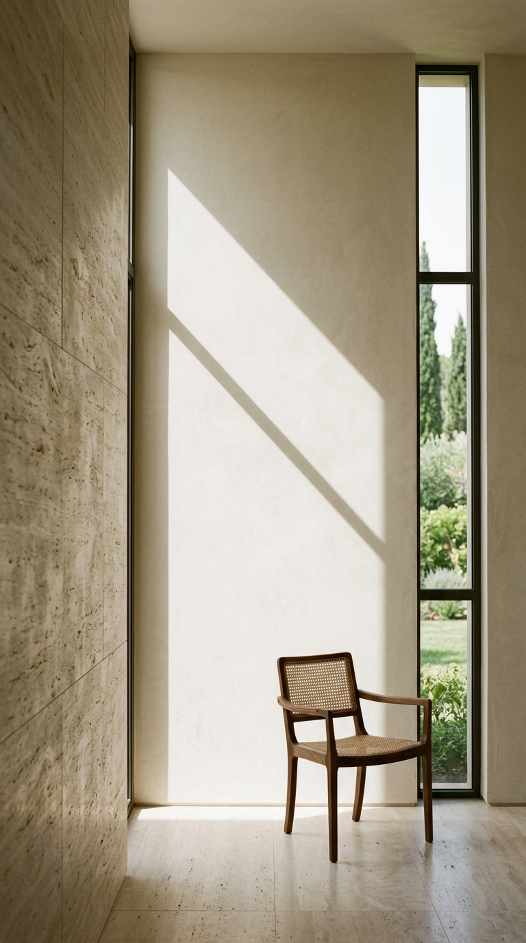 Sunlit minimalist interior with travertine walls and a single chair