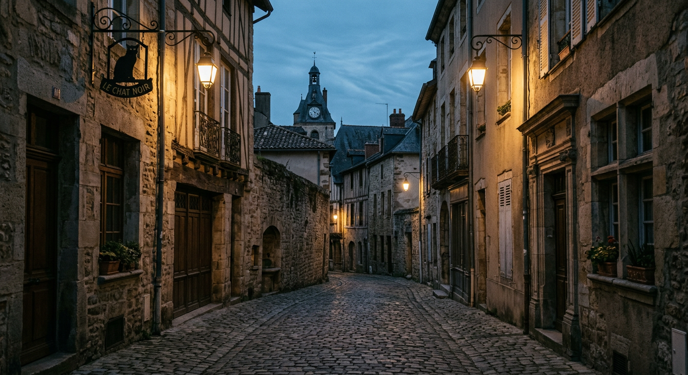 A quiet old city street at dusk